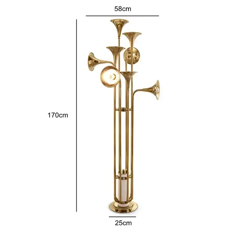 A tall 170cm brass decorbites gold trumpet floor lamp with multiple vertical light fixtures for dining room decor