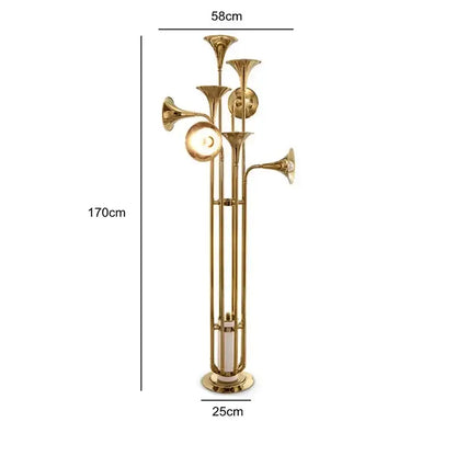A tall 170cm brass decorbites gold trumpet floor lamp with multiple vertical light fixtures for dining room decor