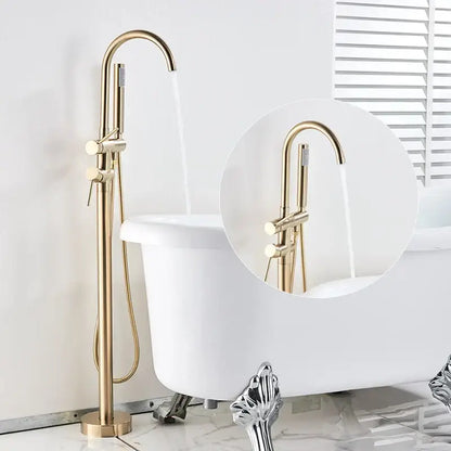 Modern gold tub sink faucet with handshower featuring a gold finished tall curved spout and two control knobs decorbites gold tub