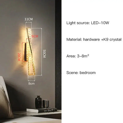 Modern gold twisted crystal wall sconce with k9 crystal accents and metallic hardware for bedroom decorbites crystal wall use