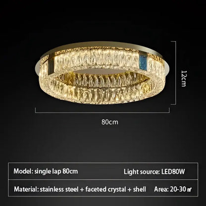 Modern gold two tier crystal led ceiling lamp with gold stainless steel frame and faceted crystal shell design for living room
