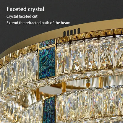 Modern gold two tier crystal led ceiling lamp with faceted crystals and abalone inlays for living room lighting