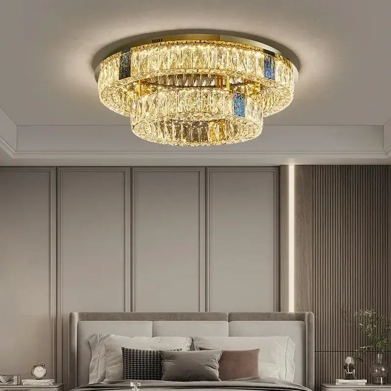Modern gold two tier crystal led ceiling lamp with concentric glass rings and blue accents for living room lighting