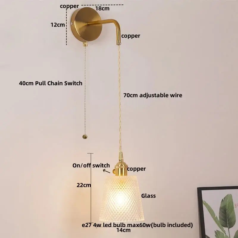 Modern gold wall lamp with clear glass shade brass finish and adjustable 70cm wire for bedroom decorbites clear glass