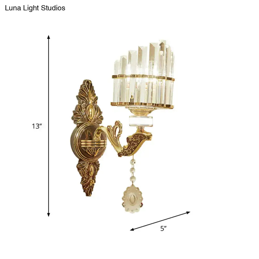 Modern gold wall mount light arc sconce with gold-toned ornate design and clear crystal accents for bedroom use