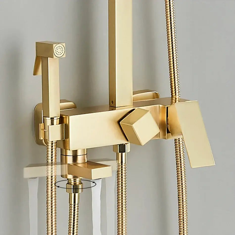 Modern gold wall mounted bathroom shower system kit with rectangular control valve handheld sprayer and flexible hoses