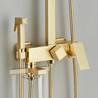 Modern gold wall mounted bathroom shower system kit with rectangular control valve handheld sprayer and flexible hoses