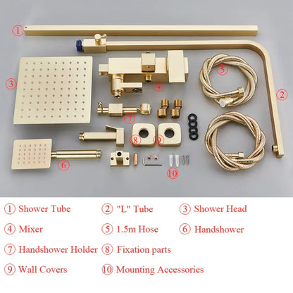 Modern gold wall mounted rain shower system kit in brass with square rainhead handheld shower and l-shaped tub spout