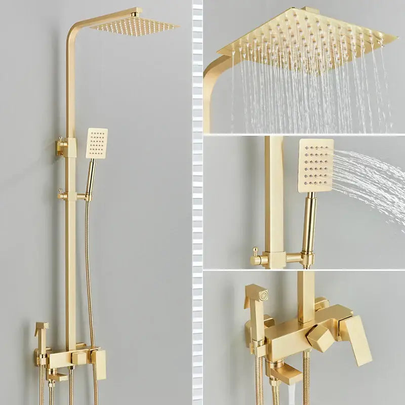 Modern gold wall mounted rain shower system kit with square rainhead handheld spray and 4-way mixer for wall mounted bathroom decorbites gold wall