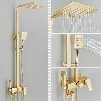 Modern gold wall mounted rain shower system kit with square rainhead handheld spray and 4-way mixer for wall mounted bathroom decorbites gold wall