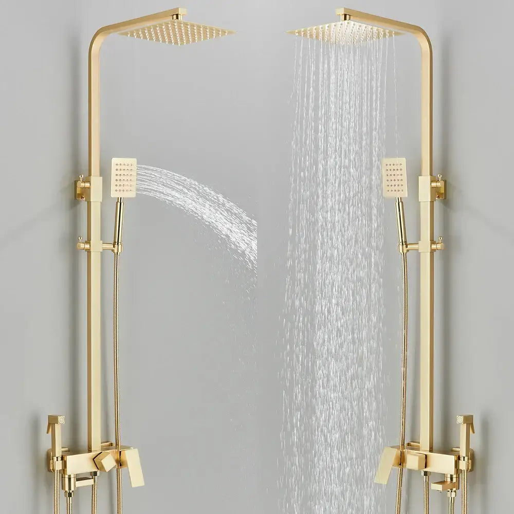 Modern gold wall mounted rain shower system kit with gold finish, large square rainhead, and handheld spray nozzle for bathroom decorbites gold wall