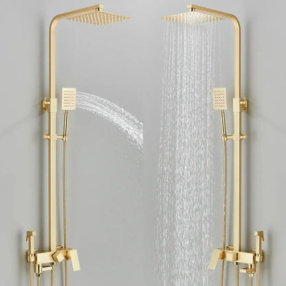 Modern gold wall mounted rain shower system kit with gold finish, large square rainhead, and handheld spray nozzle for bathroom decorbites gold wall
