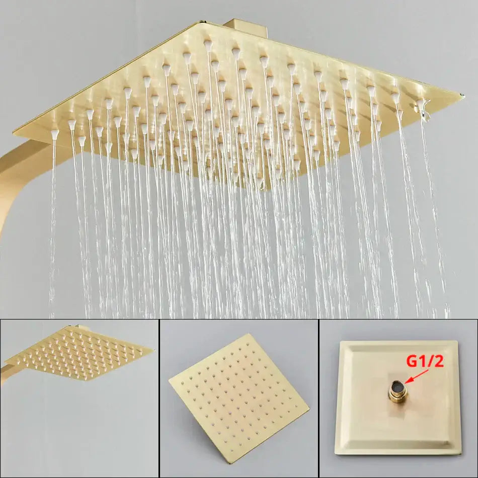 Modern gold wall mounted rain shower system kit featuring a gold-colored square rain shower head with multiple streams