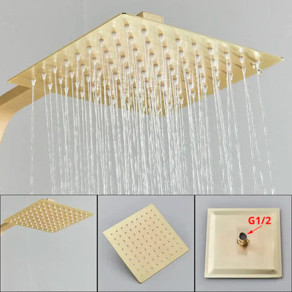 Modern gold wall mounted rain shower system kit featuring a gold-colored square rain shower head with multiple streams
