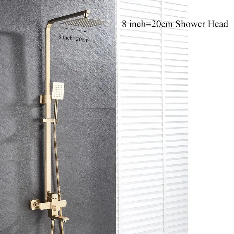 Modern gold wall mounted rain shower system kit with gold-toned rectangular shower head and adjustable handheld sprayer