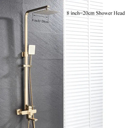Modern gold wall mounted rain shower system kit with gold-toned rectangular shower head and adjustable handheld sprayer