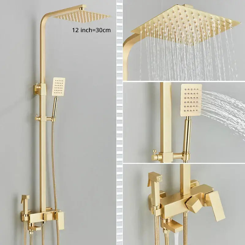 Modern gold wall mounted shower system kit with square rainhead and handheld spray nozzle for wall mounted bathroom decorbites gold wall