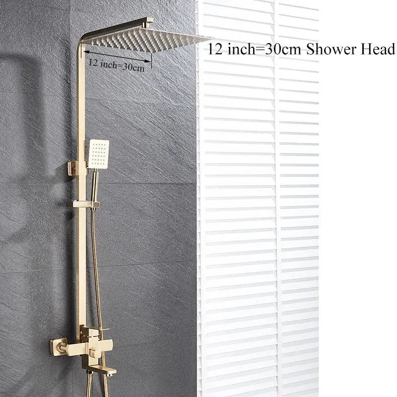 Modern gold wall mounted rainfall shower system kit with 12-inch gold-toned shower head and handheld sprayer for wall mounted bathroom decorbites gold wall