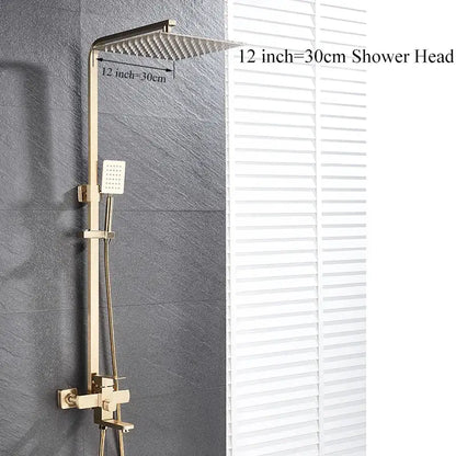 Modern gold wall mounted rainfall shower system kit with 12-inch gold-toned shower head and handheld sprayer for wall mounted bathroom decorbites gold wall