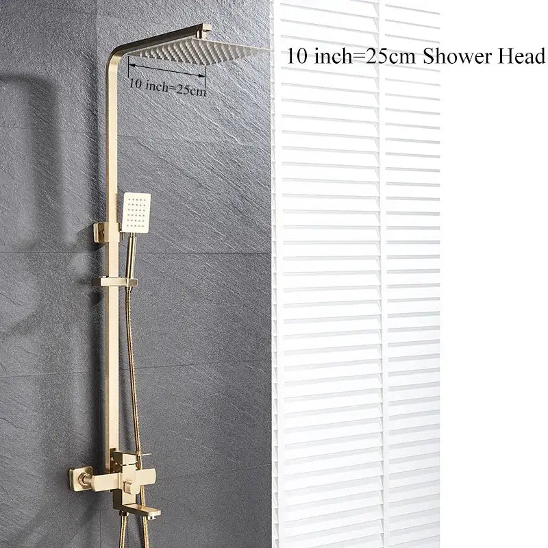 Modern gold wall mounted rain shower system kit with gold tone rectangular shower head and handheld sprayer for bathroom decorbites gold wall