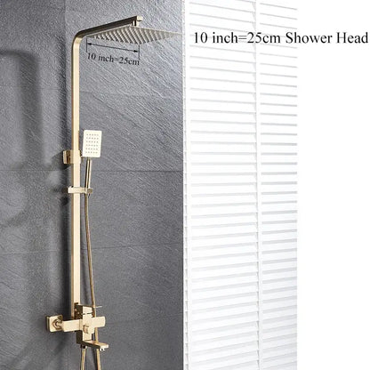 Modern gold wall mounted rain shower system kit with gold tone rectangular shower head and handheld sprayer for bathroom decorbites gold wall