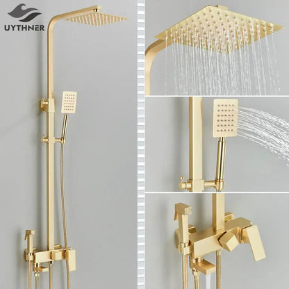 Modern gold wall mounted rain shower system kit featuring a gold finished square uythner shower head with multiple spray settings