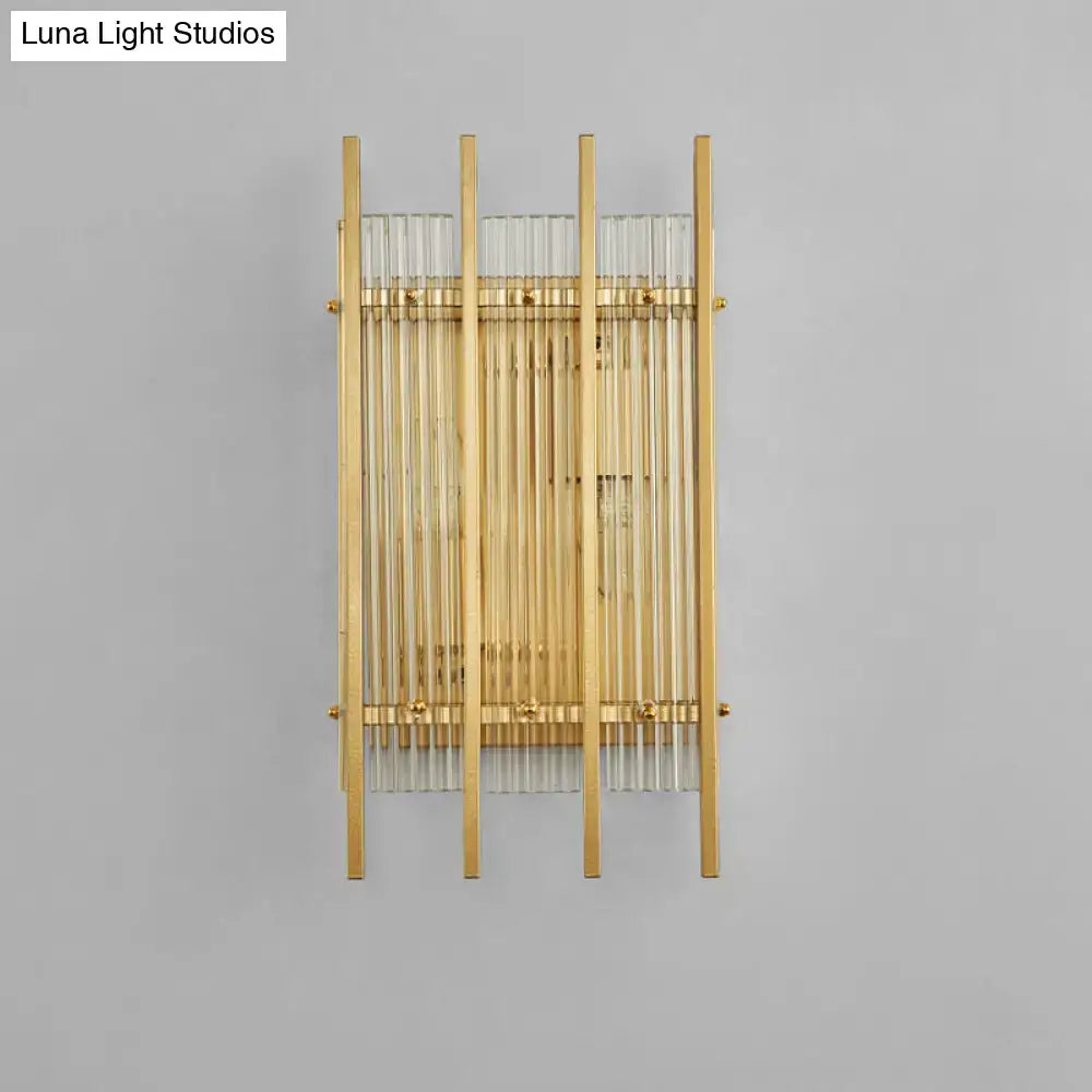 Modern gold wall sconce with clear crystal vertical rods and a sleek design for elegant hallway lighting