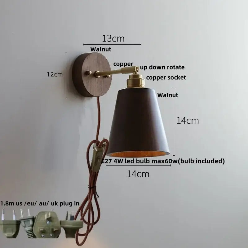 Modern gold walnut wall sconce with pull chain switch featuring brass copper arm and dark matte lampshade for bedroom light