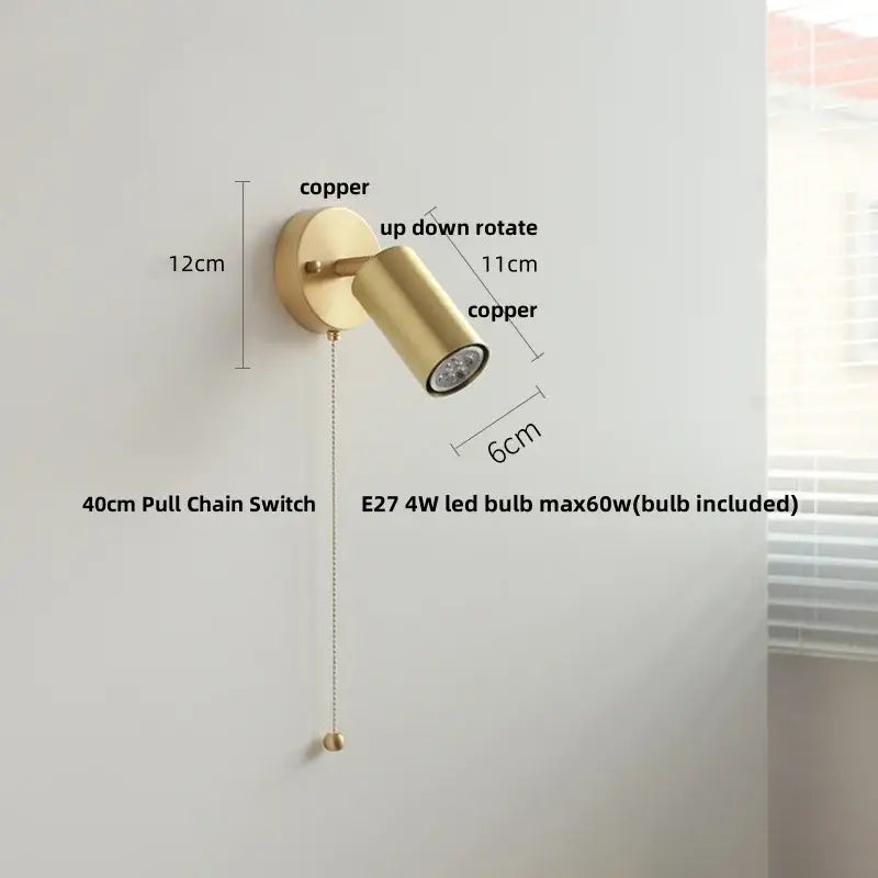 Modern gold walnut wall sconce with copper finish pull chain switch and adjustable spotlight for bedroom lighting