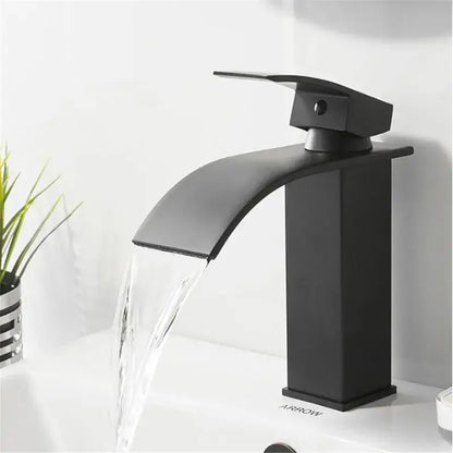 Black matte-finish modern basin faucet with a sleek waterfall-style spout for decorbites gold waterfall basin use