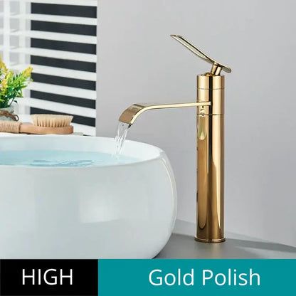 Modern gold waterfall basin faucet by decorbites with a high-arc polished design for contemporary bathroom decor