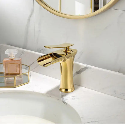 Modern gold basin faucet by decorbites with single handle and sleek waterfall spout for bathroom use