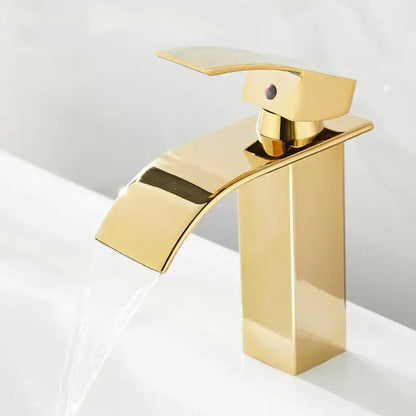 Modern gold waterfall basin faucet with sleek rectangular spout and handle for bathroom sink decorbites gold waterfall design
