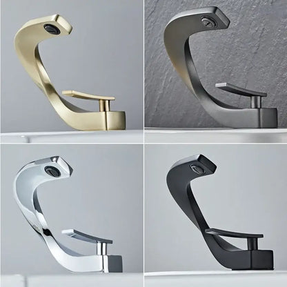 Modern gold waterfall brass basin faucet with curved design in brushed brass satin nickel chrome or matte black finish