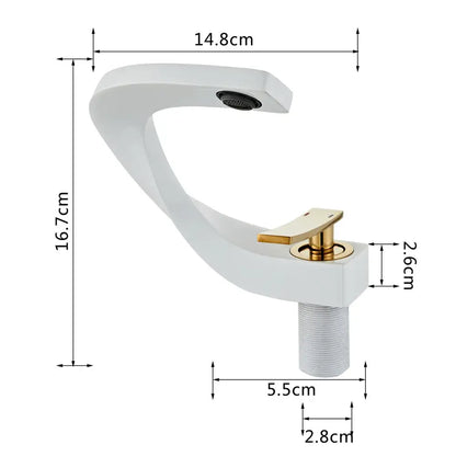 Modern gold white bathroom basin faucet with sleek curved white spout and gold-tone handle for decorbites gold white decor
