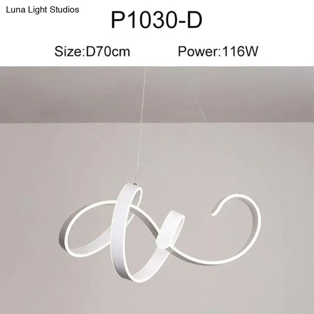 White modern led pendant lights with sleek flowing curved design for dining room in gold and white finish