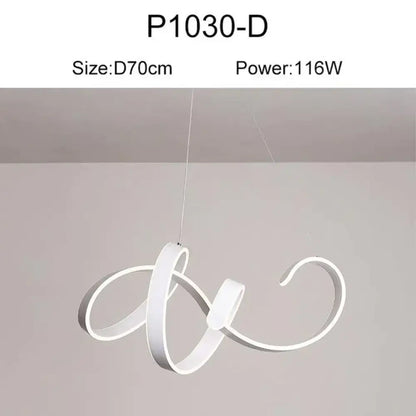 Modern gold and white led pendant lights featuring a sleek abstract cursive design for dining room use