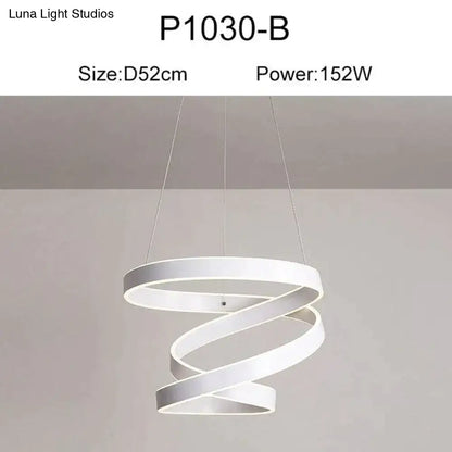 Modern gold and white led pendant lights featuring a sleek white spiral design with interlocking rings for dining room