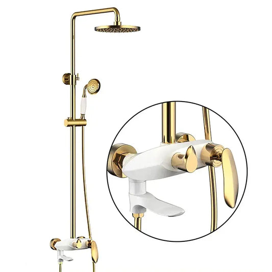 Modern gold and white shower head faucet set bathroom system with tall rainhead handheld sprayer and dual-handle mixer valve decorbites black brass