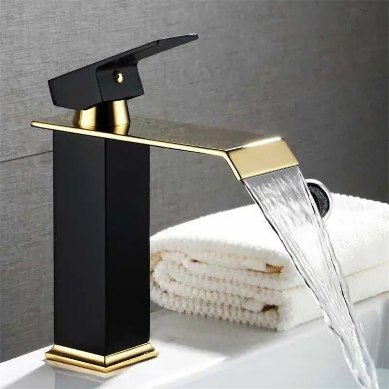Modern gold and white waterfall basin faucet in black and gold with sleek design for bathroom decorbites gold white style