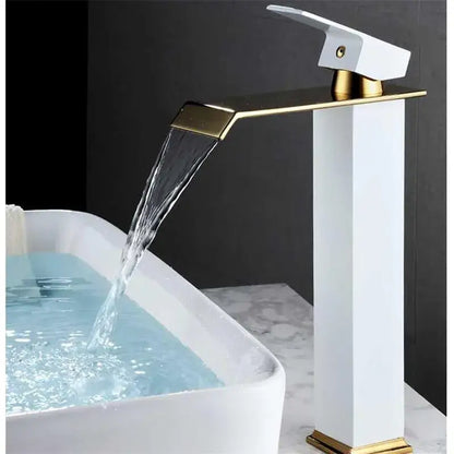 Modern gold white waterfall basin faucet with sleek white ceramic body and polished gold accents for bathroom sink decorbites gold white