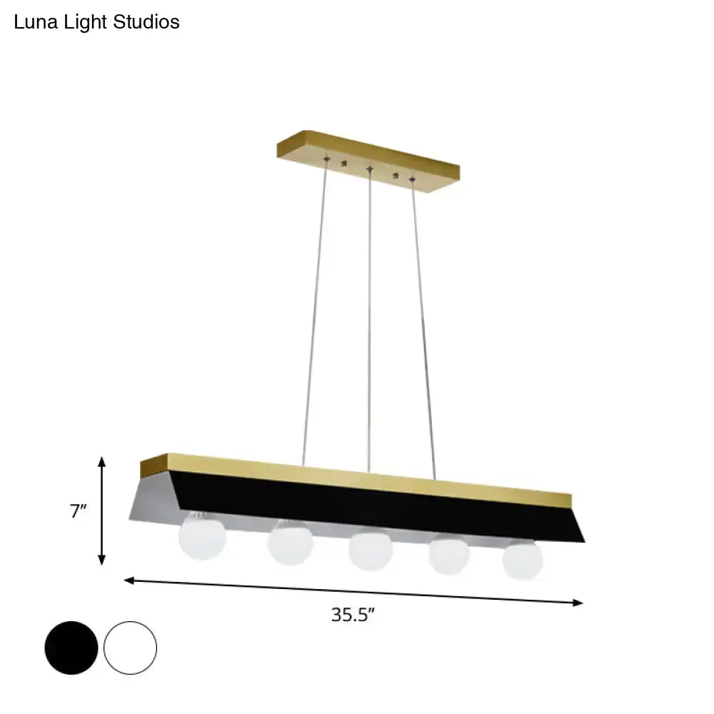 Modern rectangular pendant light with sleek gold frame black white shade five frosted glass globe bulbs for restaurant use
