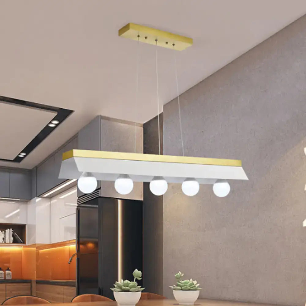 Decorbites modern wood island billiard light with white shade and gold finish featuring five spherical led bulbs