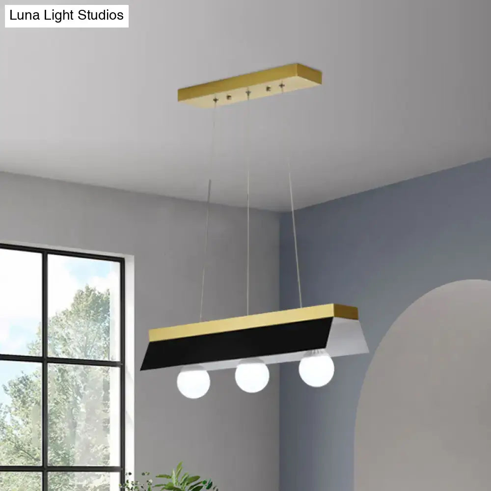 Modern rectangular pendant light decorbites™ with black white shade featuring three white spherical led bulbs for restaurant use