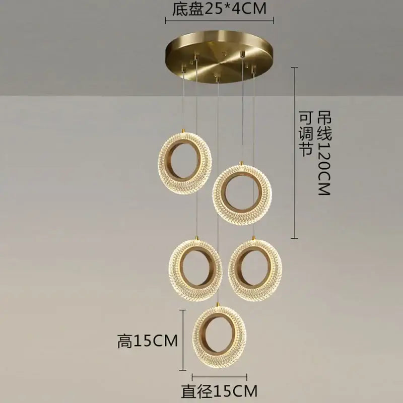 Modern gold woven crystal led chandelier kitchen pendant light with brass finish and five crystal encrusted rings decorbites crystal led