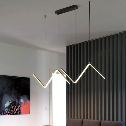 Modern black zigzag pendant lighting fixture with led design emitting warm white light for dining room use