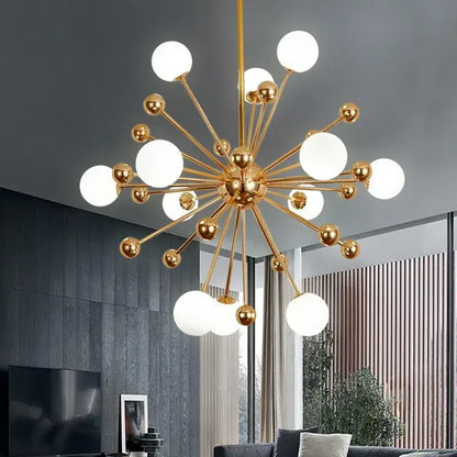 Modern golden acrylic molecule chandelier featuring gold-toned metal and spherical white glass globes for kitchen decorbites golden acrylic lighting