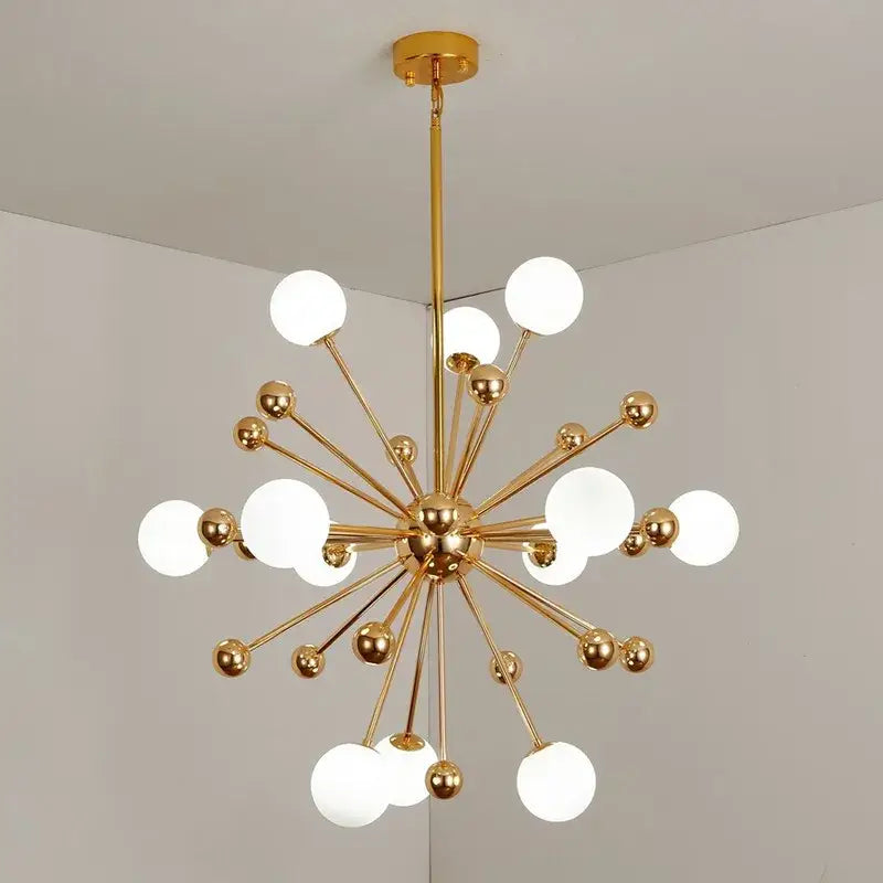 Modern golden acrylic molecule chandelier with frosted glass globes and metallic spheres for kitchen decorbites golden acrylic light