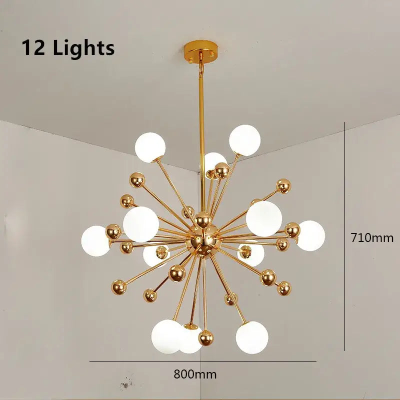 Modern golden acrylic molecule chandelier with twelve frosted glass globes in a starburst design for kitchen decorbites golden acrylic
