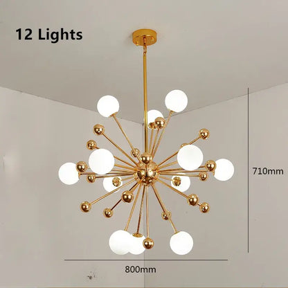 Modern golden acrylic molecule chandelier with twelve frosted glass globes in a starburst design for kitchen decorbites golden acrylic